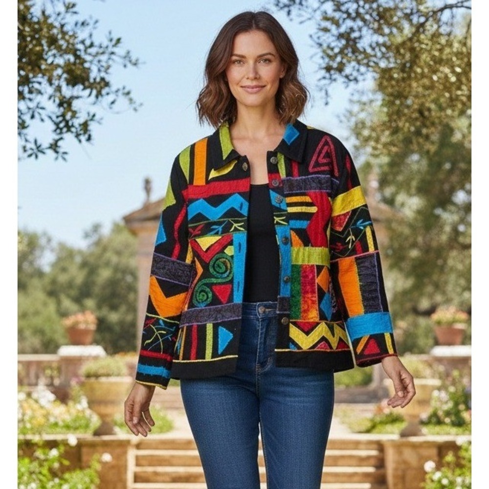 Daniel K New York Blazer Jacket Womens Small Embroidered Patchwork Geometric Vtg